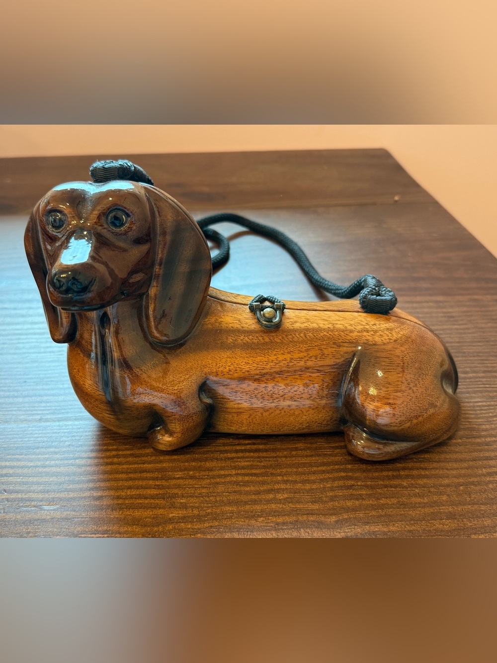 Wooden Dachshund Crossbody Bag in Brown - Picture 1 of 5